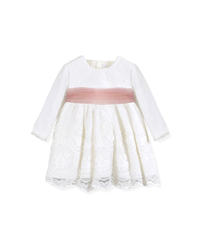 Vestido De Bebé Em tule Bordado e faixa