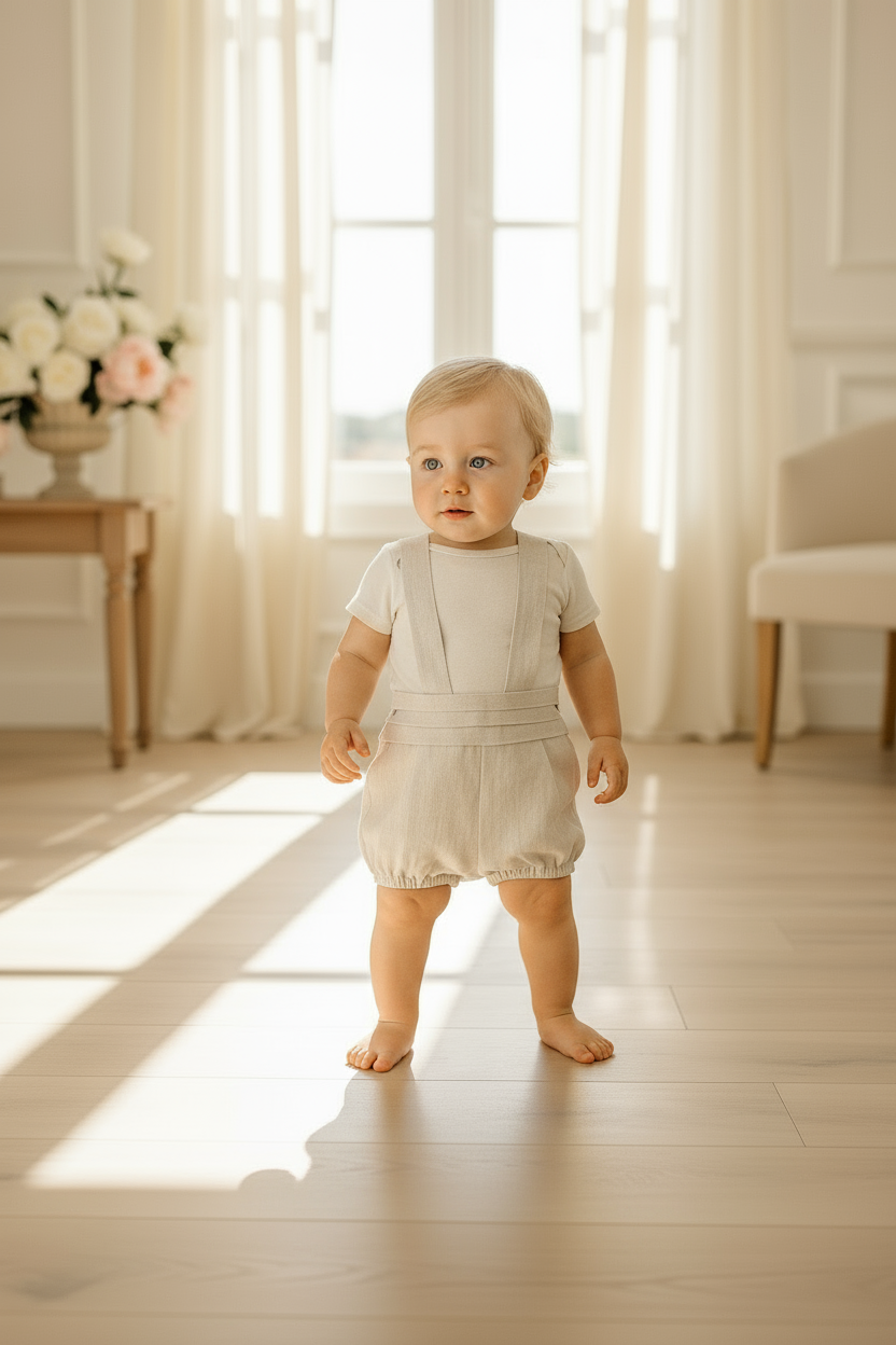 Calção Bebé c/Supensórios e Pregas Frontais