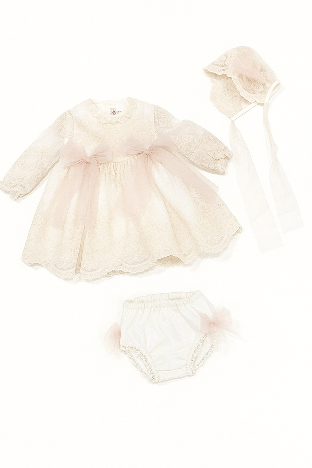 Vestido Bege/Rosa c/Tapa-Fraldas e Touca