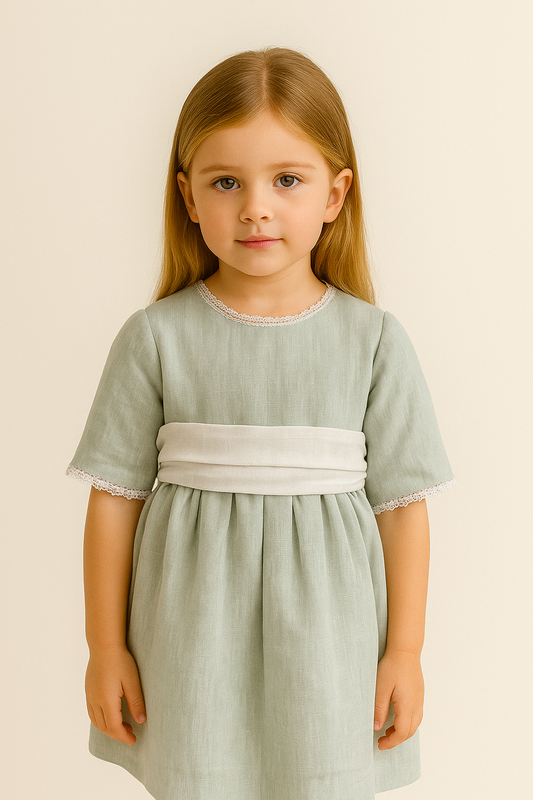 Aqua green linen dress with white belt