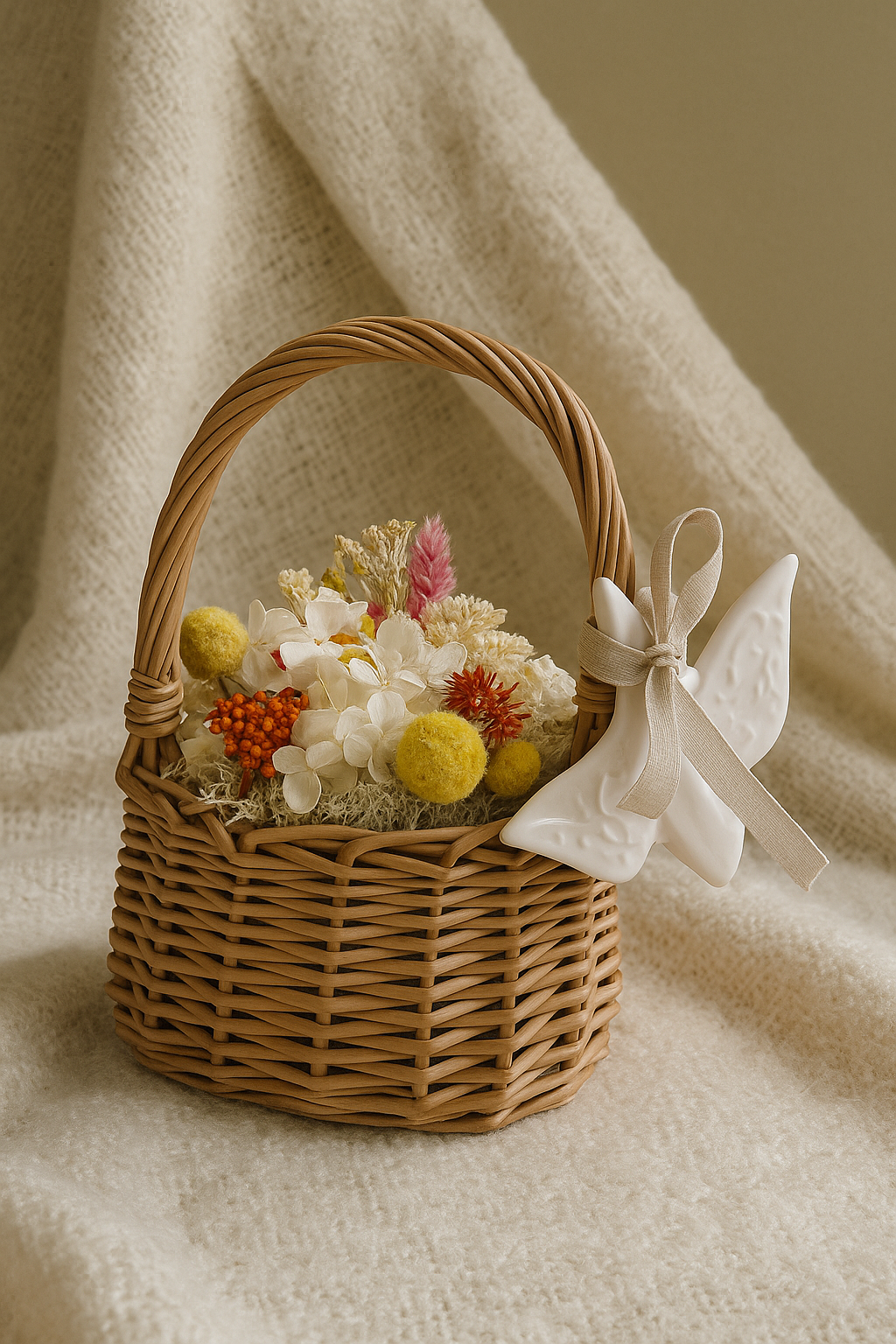 Panier de fleurs préservées avec hirondelle blanche