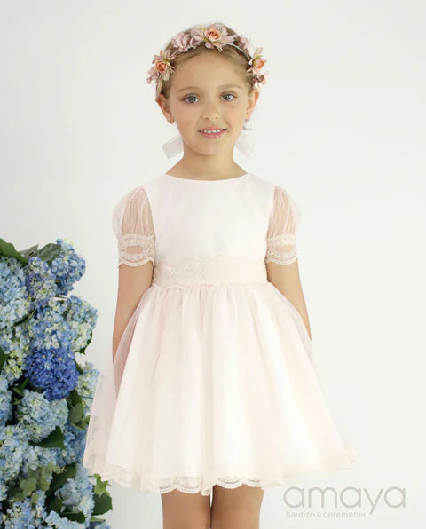 Robe à manches courtes en tulle rose Amaya