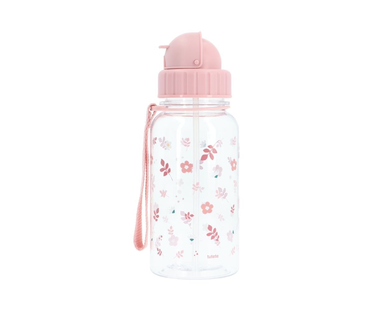 Bouteille en plastique à feuilles roses