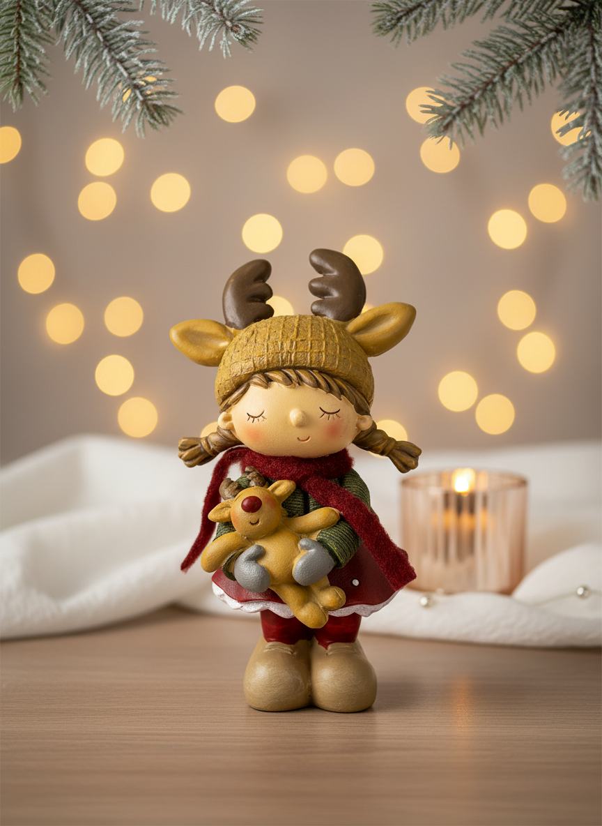 Polyresin Girl w/Reindeer | 18cm