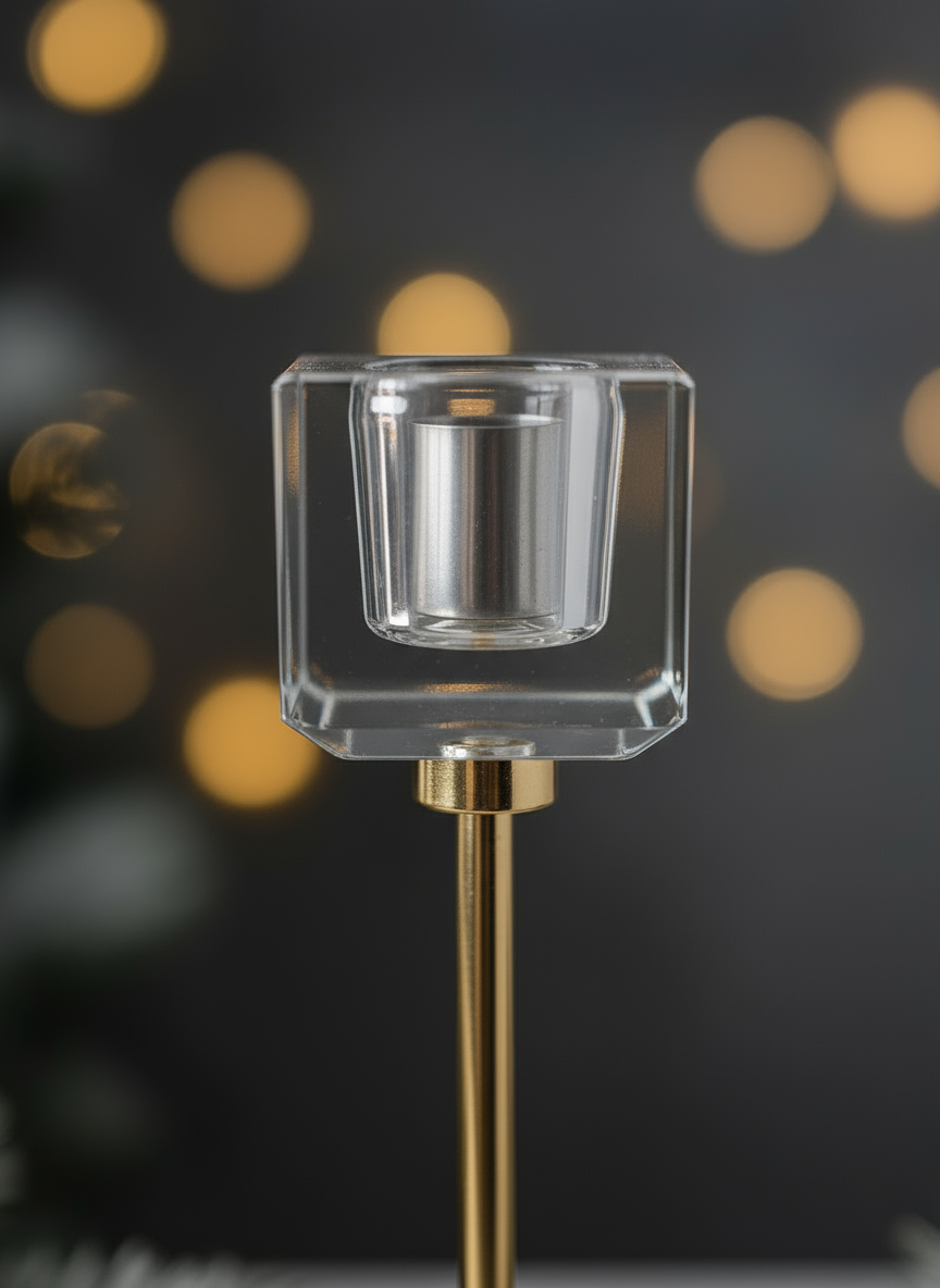 Decorative Square Metal and Glass Candlestick | 16cm