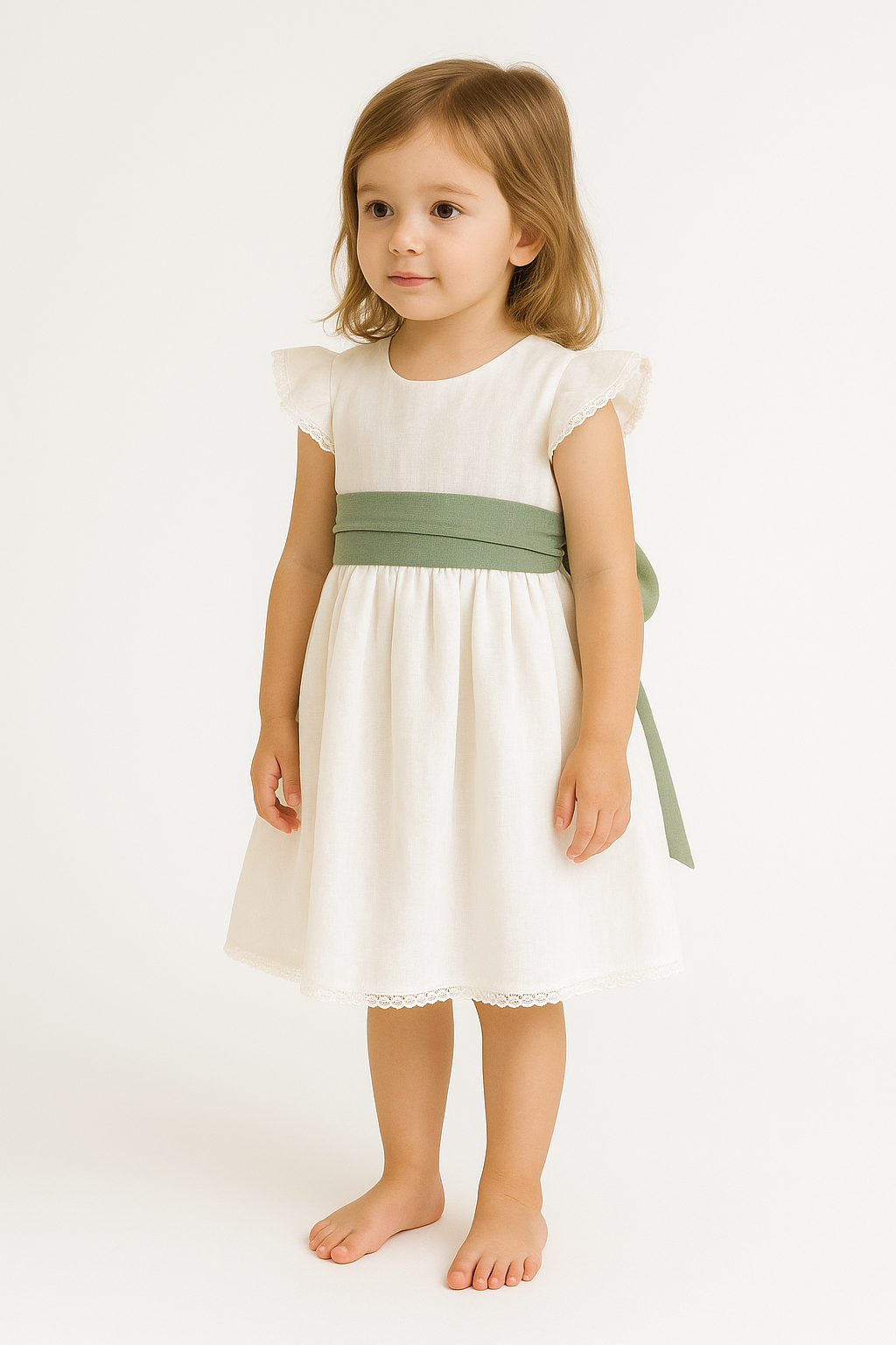 Vestido HG branco c/faixa verde seco