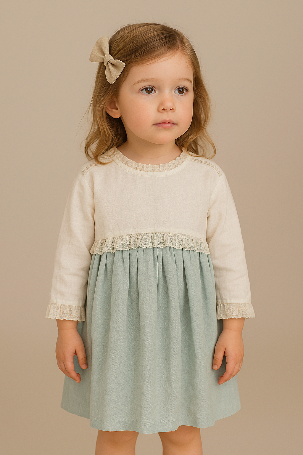 Vestido em linho/verde com renda Valenciana