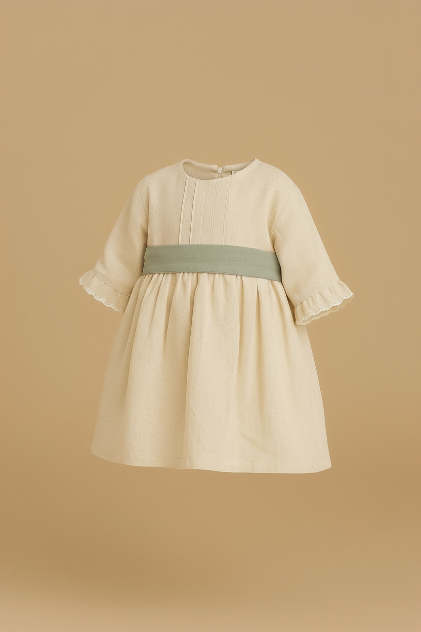 Beige Linen Dress with 3/4 Sleeves