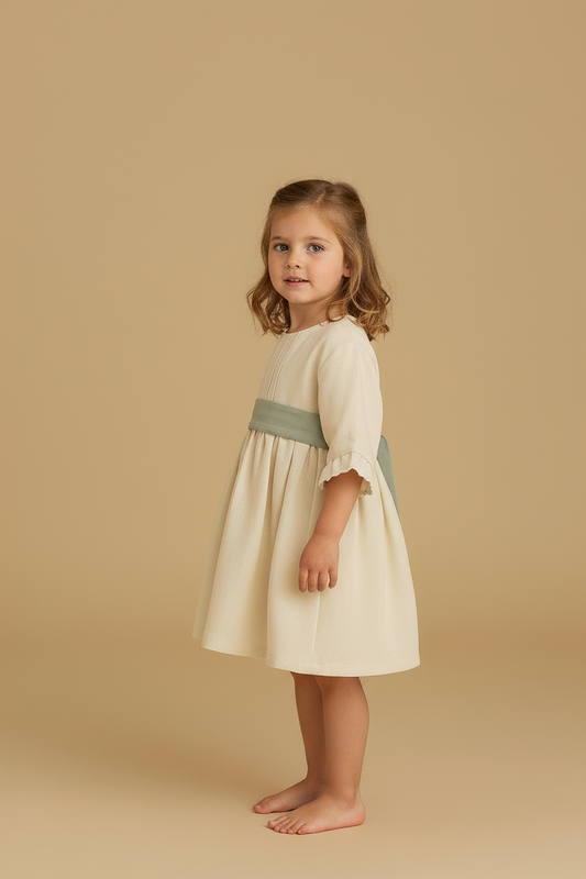 Vestido em Linho Bege Manga 3/4