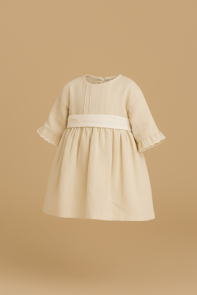Beige Linen Dress with 3/4 Sleeves