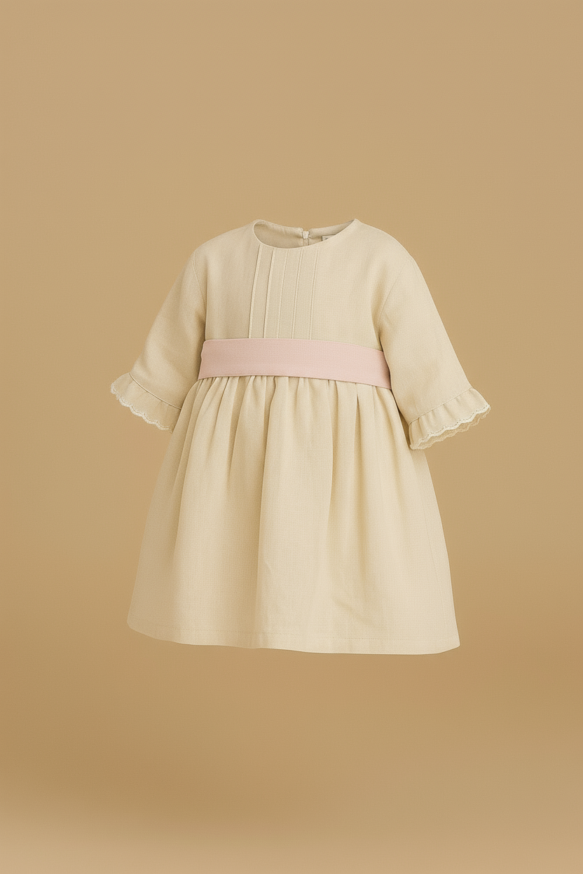 Beige Linen Dress with 3/4 Sleeves