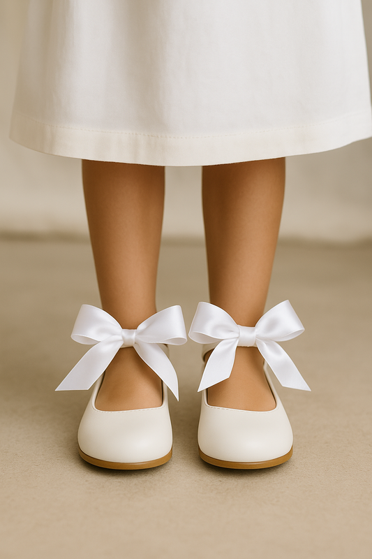 Leather shoe with strap and bow