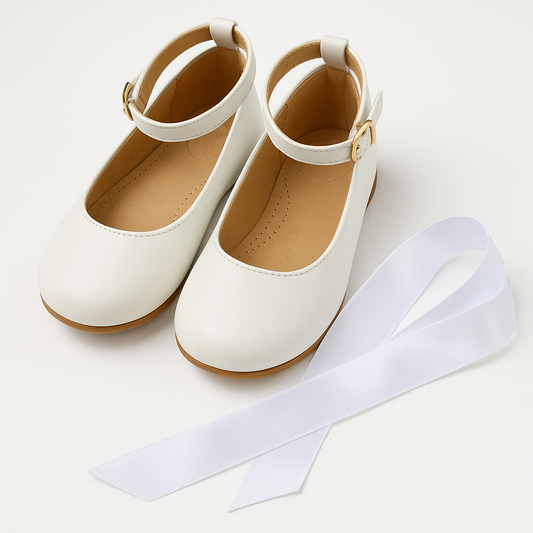 Leather shoe with strap and bow