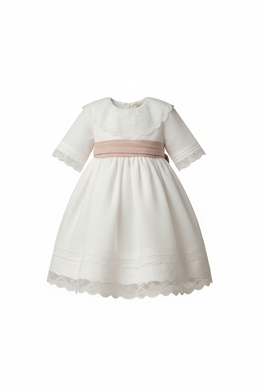 White linen dress with lace collar, dry pink sash