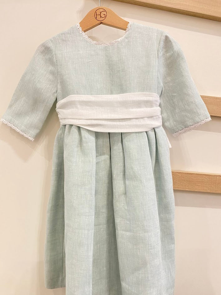 Aqua green linen dress with white belt