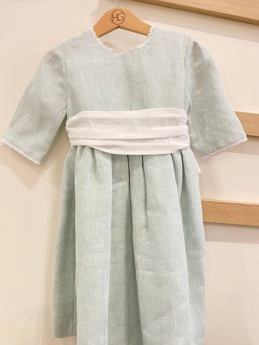 Aqua green linen dress with white belt