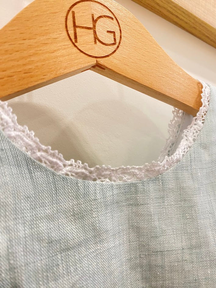 Aqua green linen dress with white belt