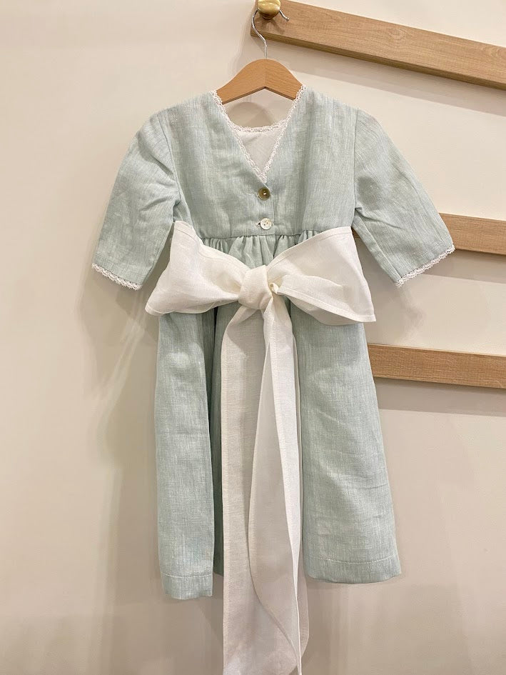 Aqua green linen dress with white belt