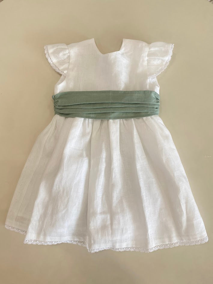 Vestido HG branco c/faixa verde seco