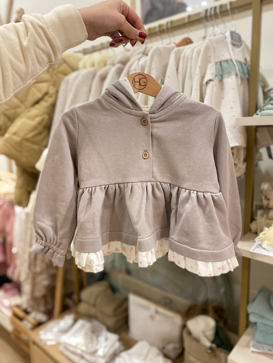 HG grey sweater with hood and muslin frill at the bottom