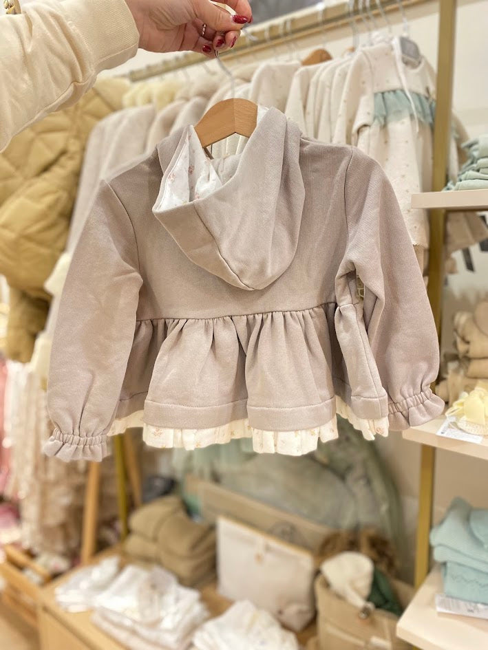 Pull gris HG avec capuche et volant en mousseline en bas