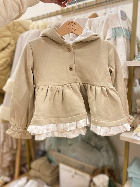 HG beige sweater with hood and muslin frill at the bottom