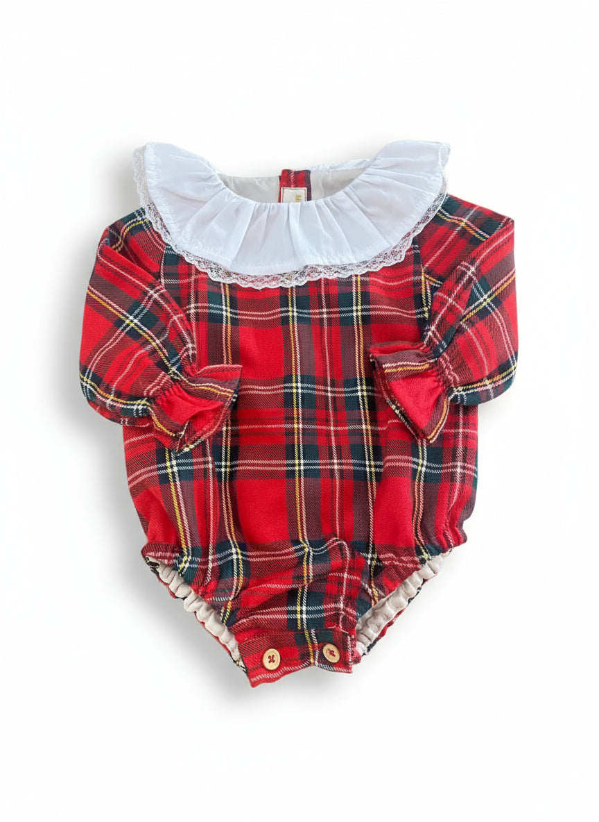 Cute Tartan Dress with White Collar and Lace