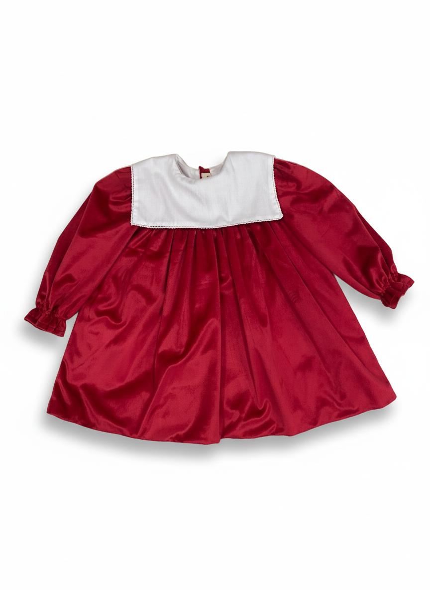 Red velvet dress with white collar.