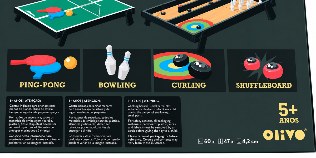 Jogo 4 em 1 Ping Pong, Bowling, Curling e Shuffleboard - Olivo Toys