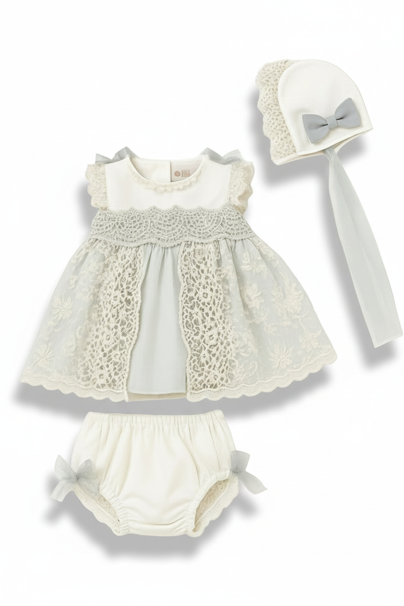 Vestido Bege/Verde c/Tapa-Fraldas e Touca