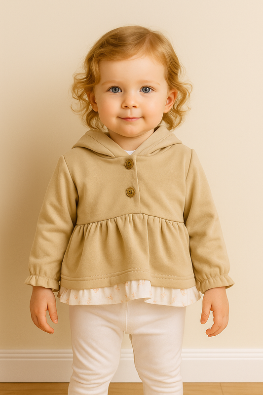 HG beige sweater with hood and muslin frill at the bottom