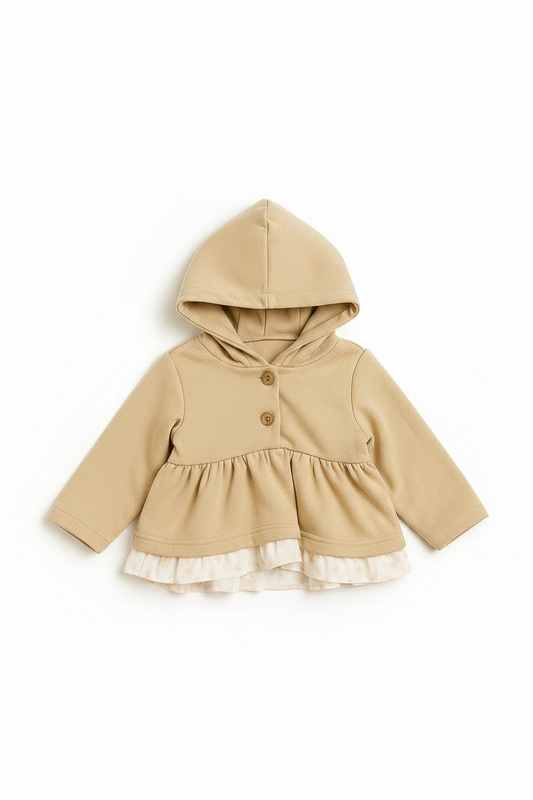HG beige sweater with hood and muslin frill at the bottom