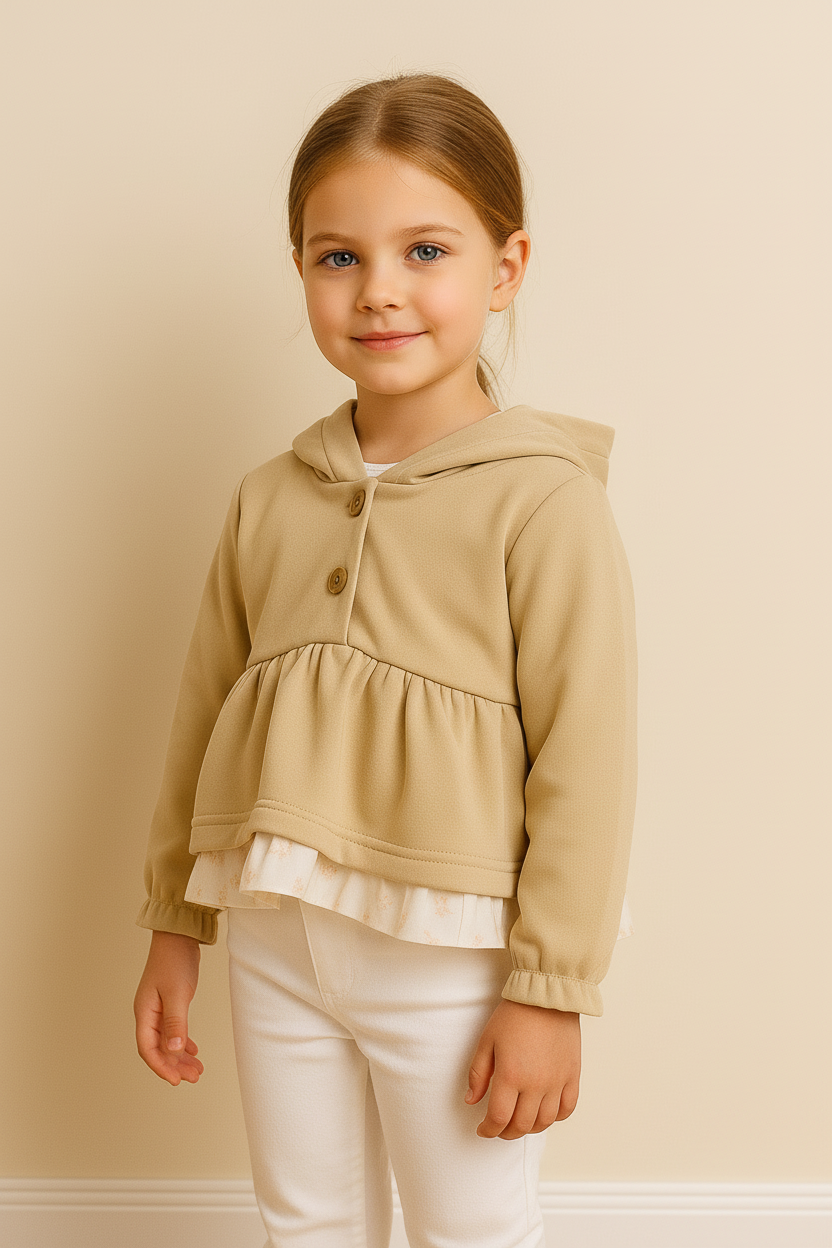 Pull beige HG avec capuche et volant en mousseline en bas