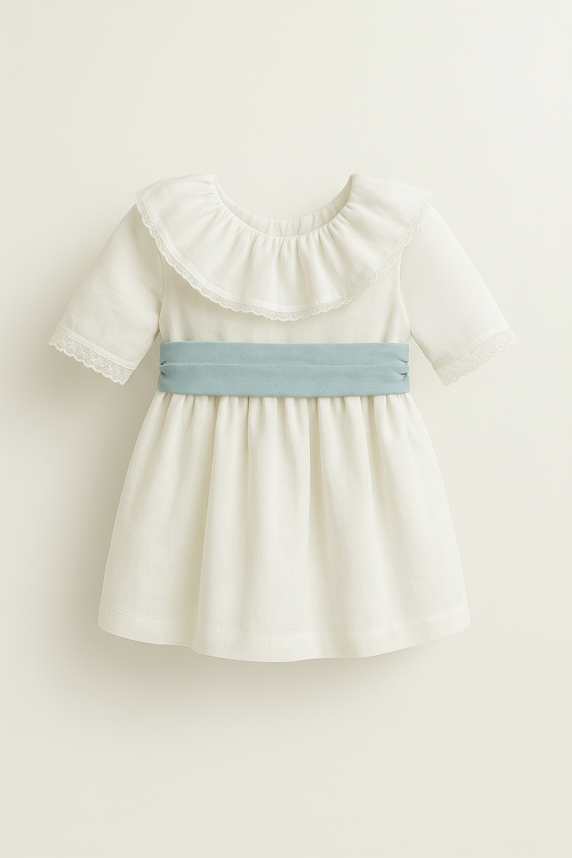 Linen Dress with Collar and Lace