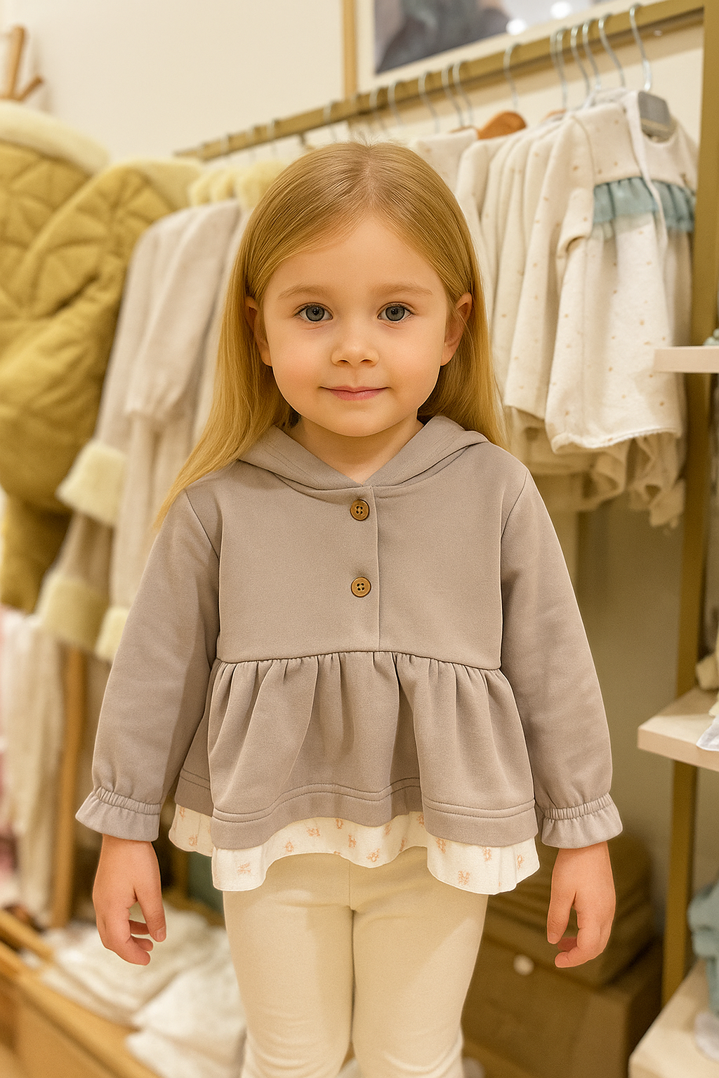 HG grey sweater with hood and muslin frill at the bottom