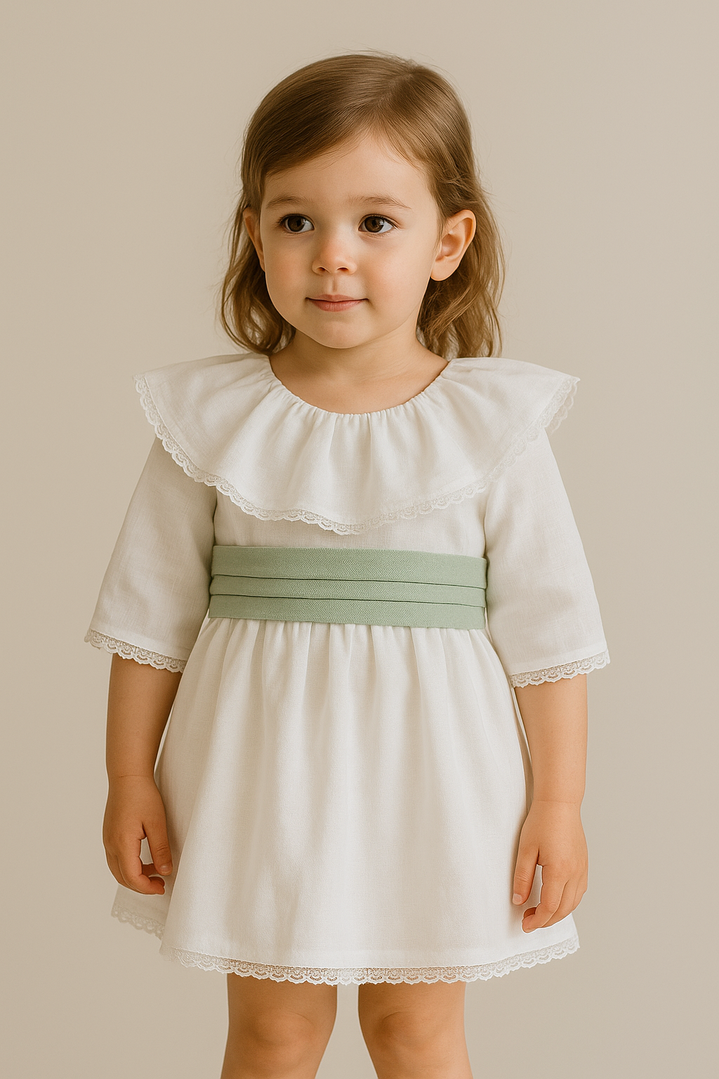 White linen dress with collar and sleeves