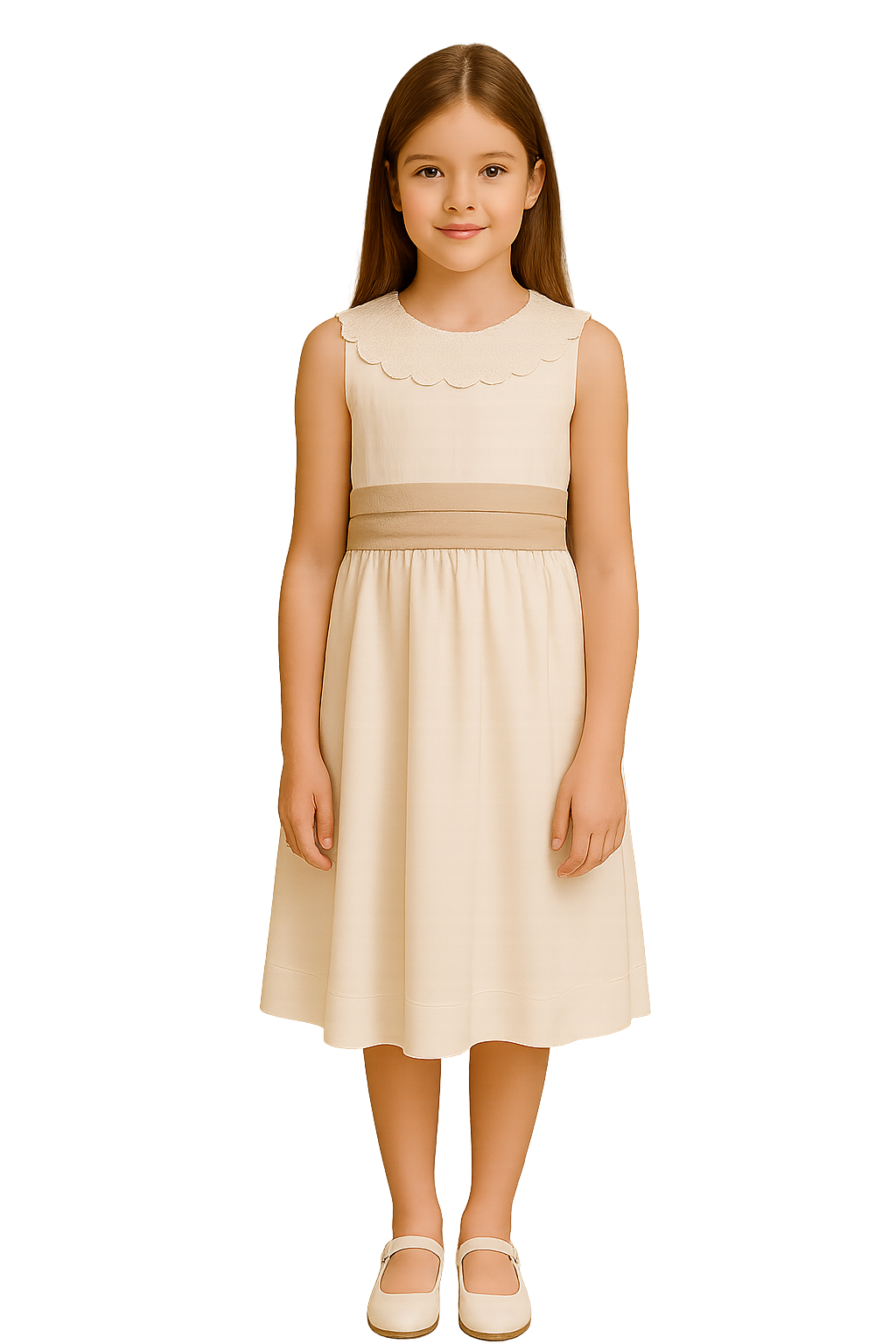 Vestido em linho branco c/faixa bege e pormenores de renda