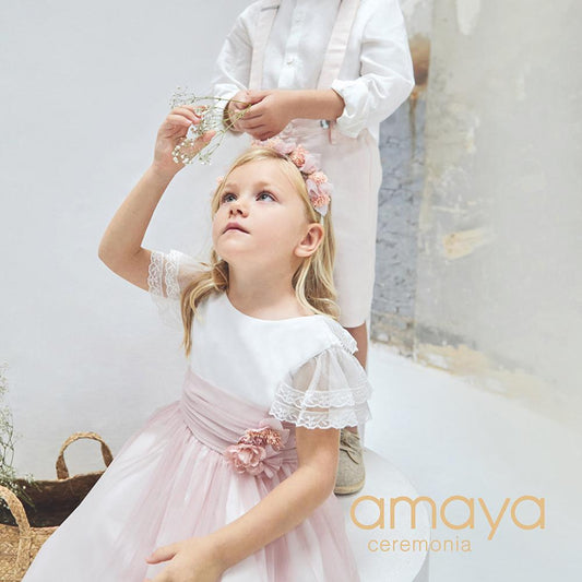 Amaya dress with pink tulle and lace sleeves