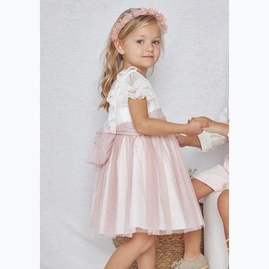 Amaya dress with pink tulle and lace sleeves