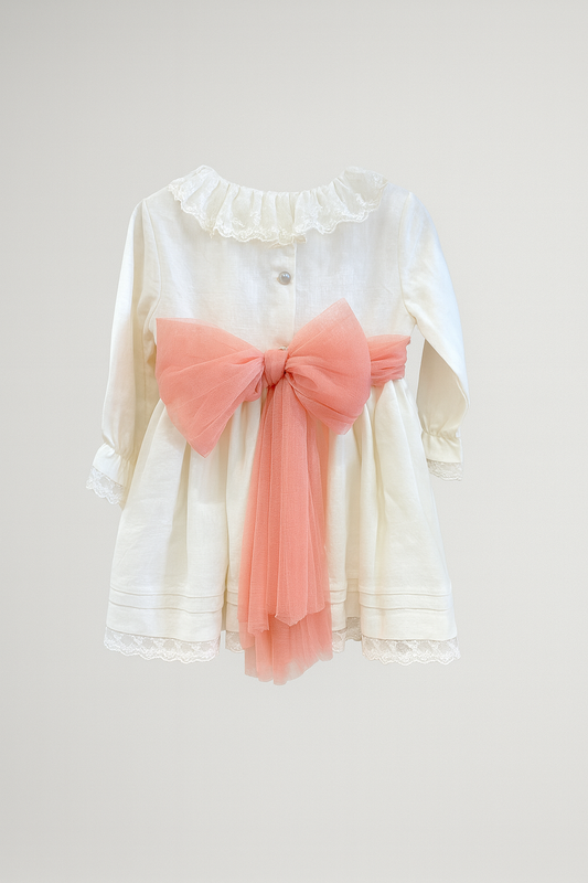 Vestido HG em linho  bege c/faixa em tule