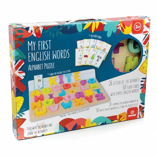 Puzzle do Alfabeto em Madeira com 50 Cartões – "As tuas primeiras palavras em inglês"
