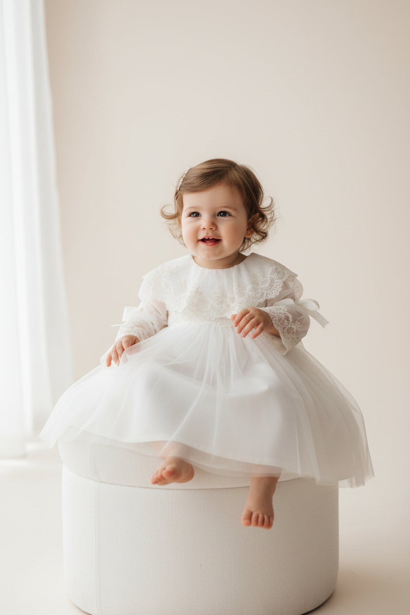 Vestido bebé M/Larga em tule Plumeti