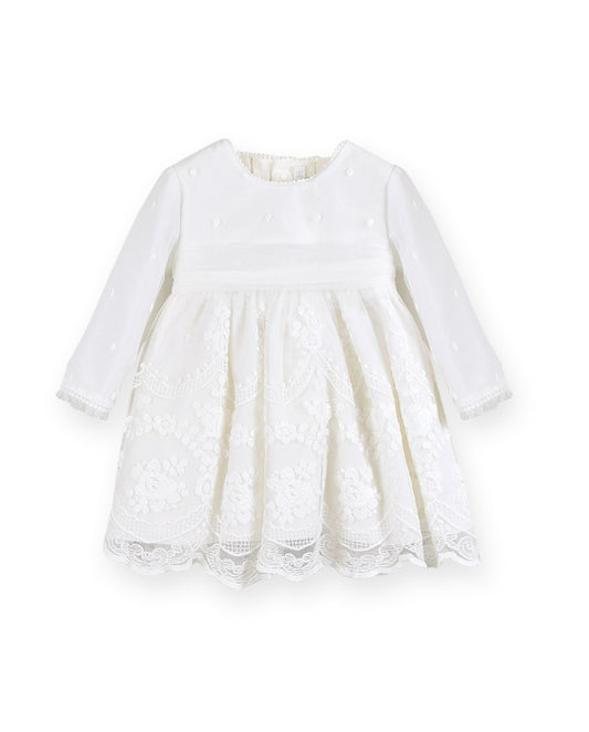 Vestido De Bebé Em tule Bordado e faixa