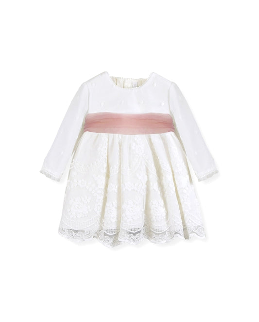 Vestido De Bebé Em tule Bordado e faixa