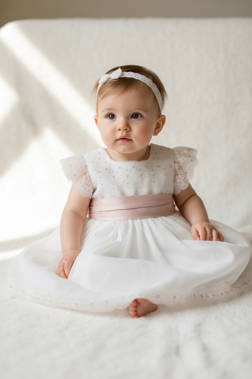 Vestido Bebé em Tule Bordado Rosa - Amaya
