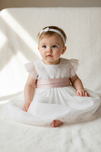Vestido Bebé em Tule Bordado Rosa - Amaya