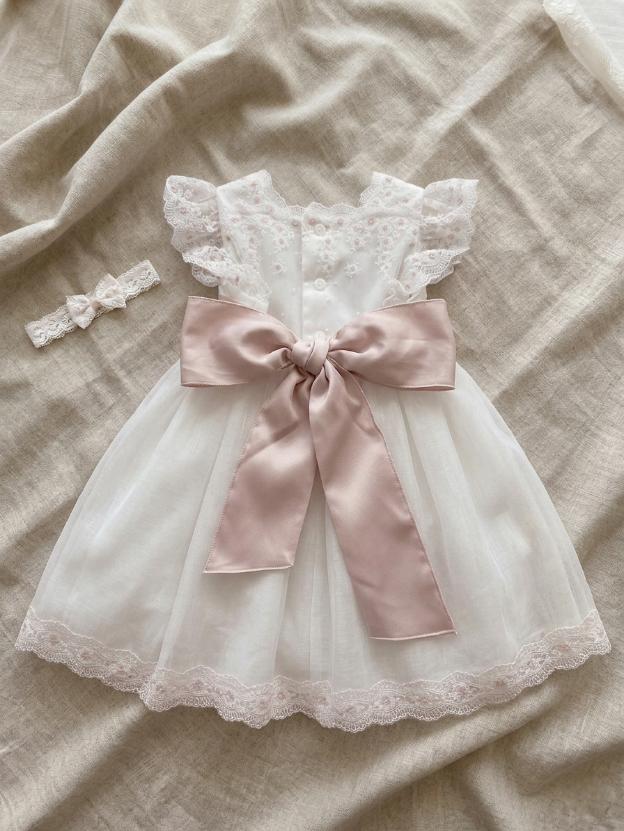 Vestido bebé Amaya em tule bordado cru e rosa vista costas