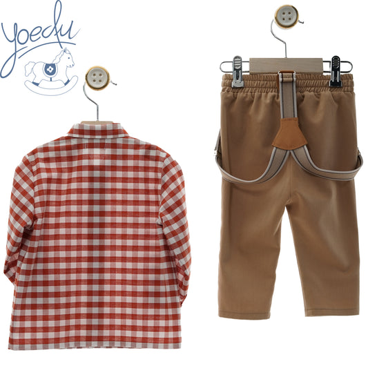 Conjunto bebe vermelho com suspensórios