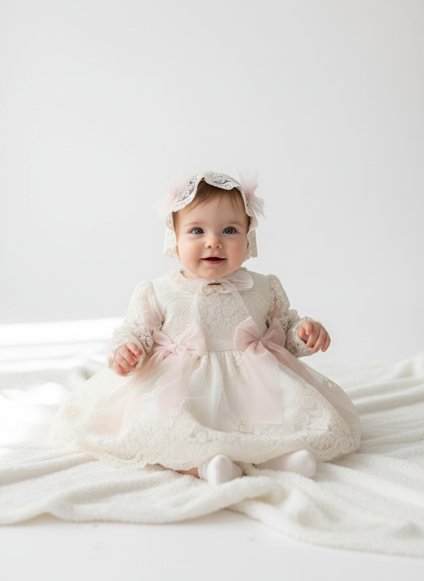 Vestido Bege/Rosa c/Tapa-Fraldas e Touca