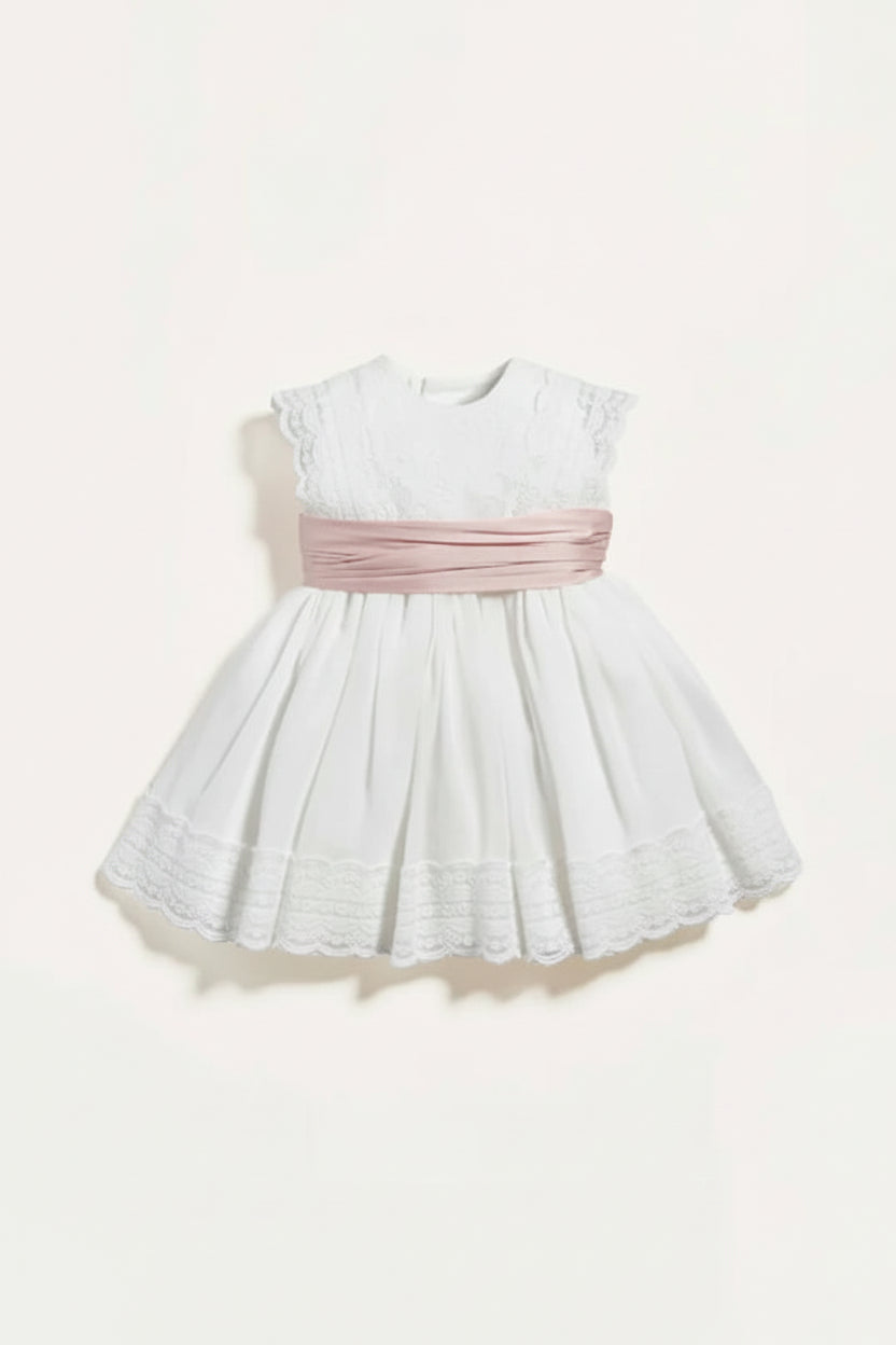 Vestido bebé Amaya em bambula cru e rosa